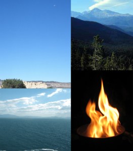 earth, air, fire, water composite image
