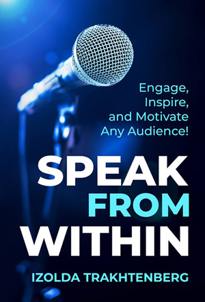 speak from within book cover - a microphone on a stage with the book title below it.