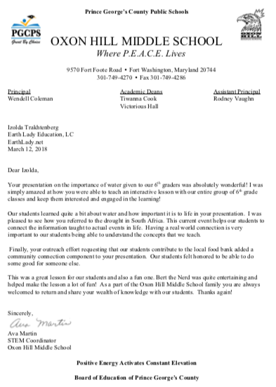 Read this letter from Oxon Hill Middle School