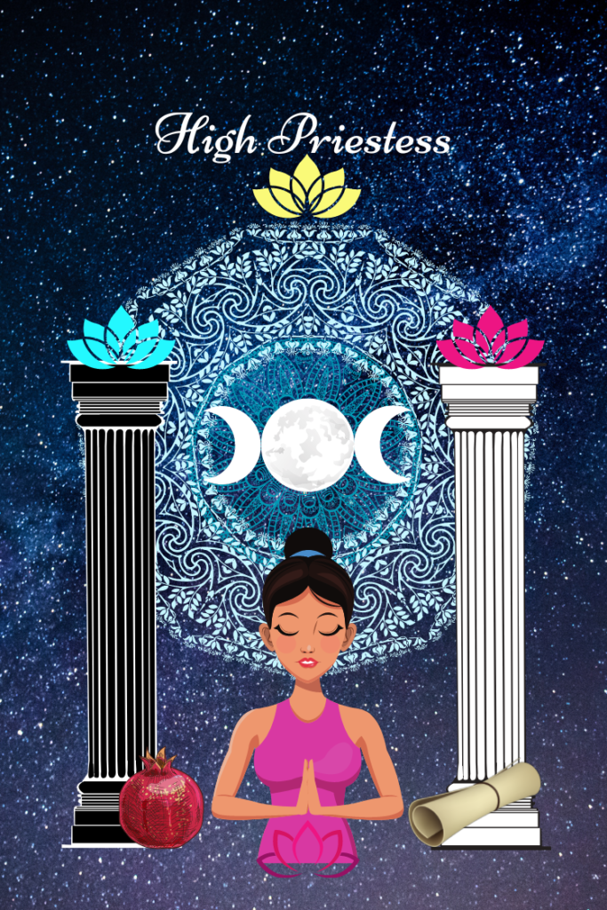 woman meditating under triple moon with two columns