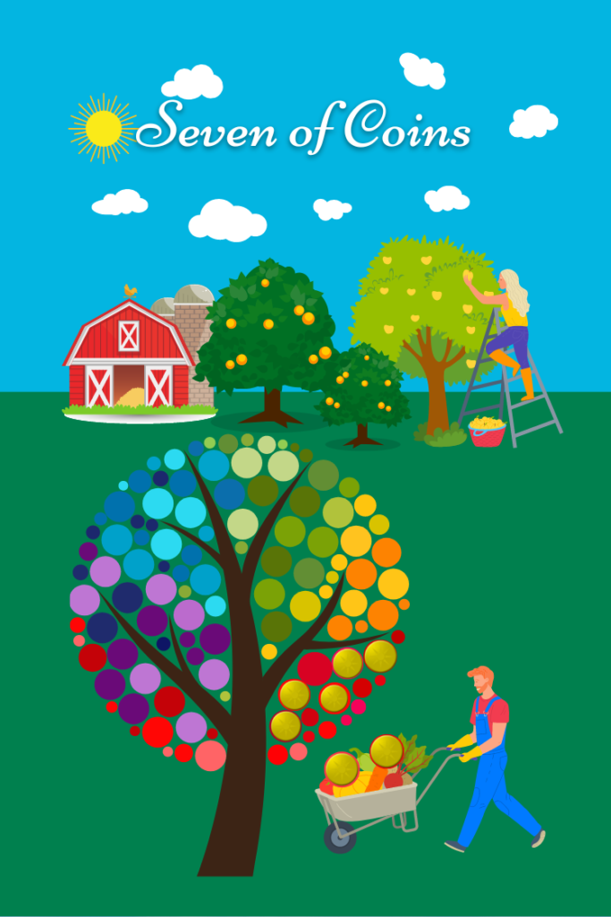 Harvest at a farm with colorful tree in foreground