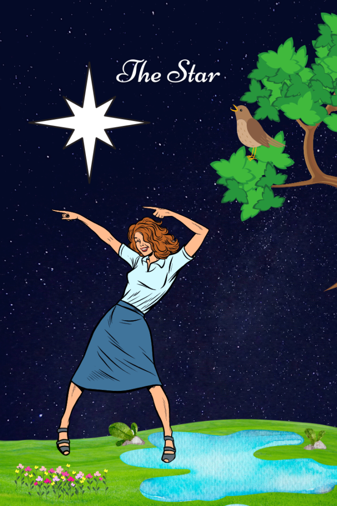 woman dancing under stars with a songbird singing in a tree