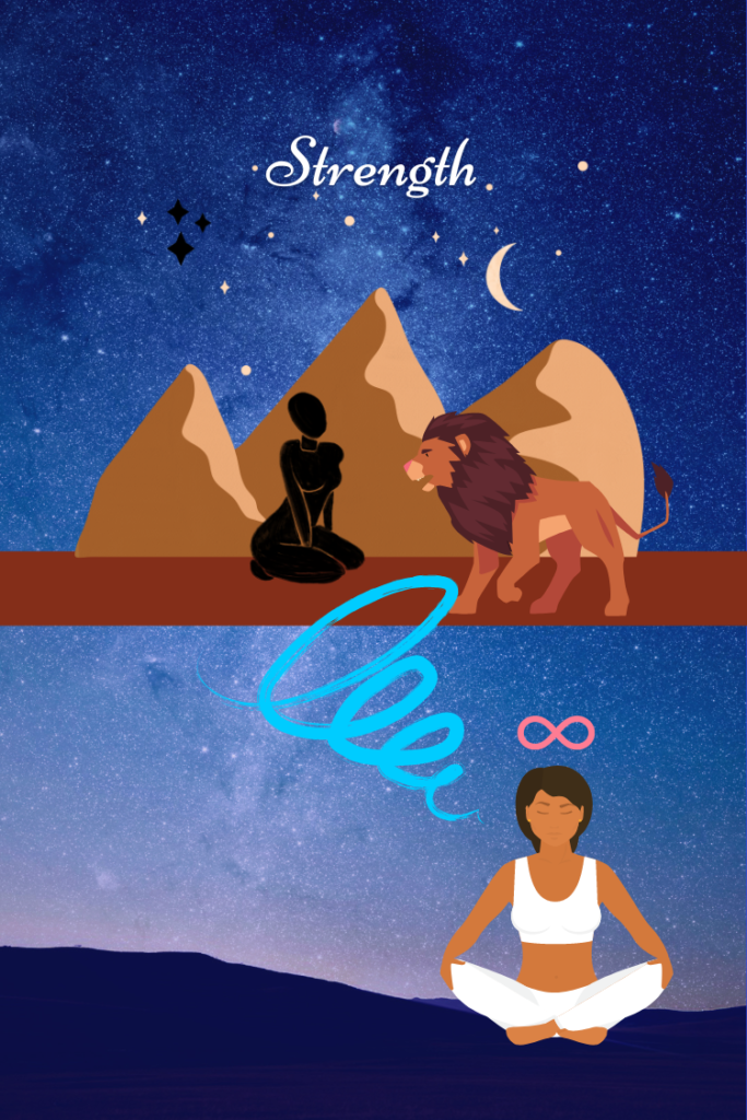 woman meditating and dreaming of woman in Africa friends with lion