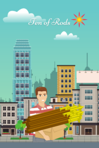 man carrying staves in a box as if moving in front of a cityscape