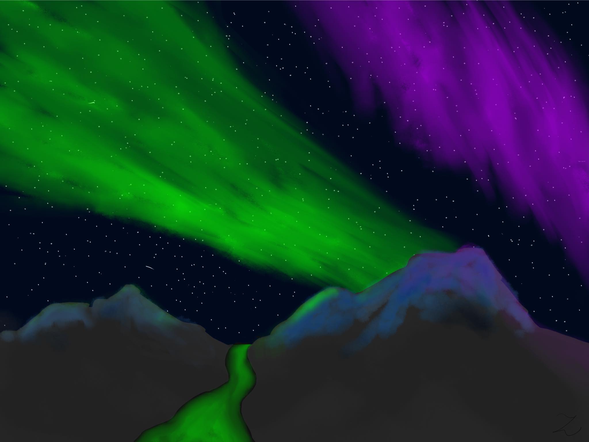 aurora borealis in green and purple over the mountains