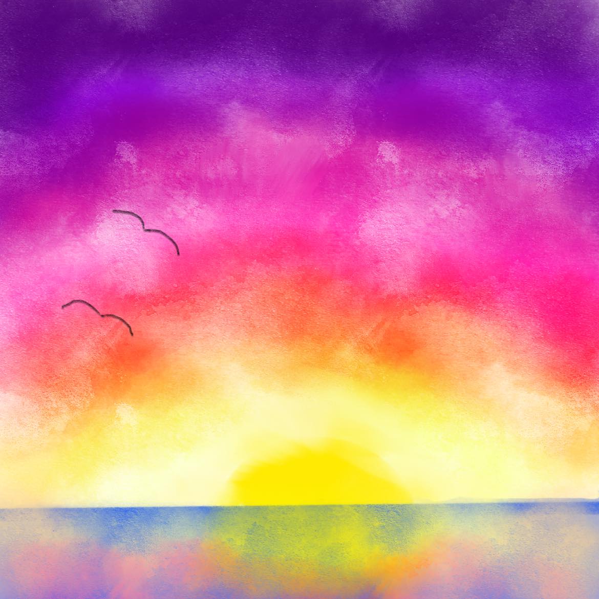 sunset in purples, pinks, and yellows with two birds flying over the ocean