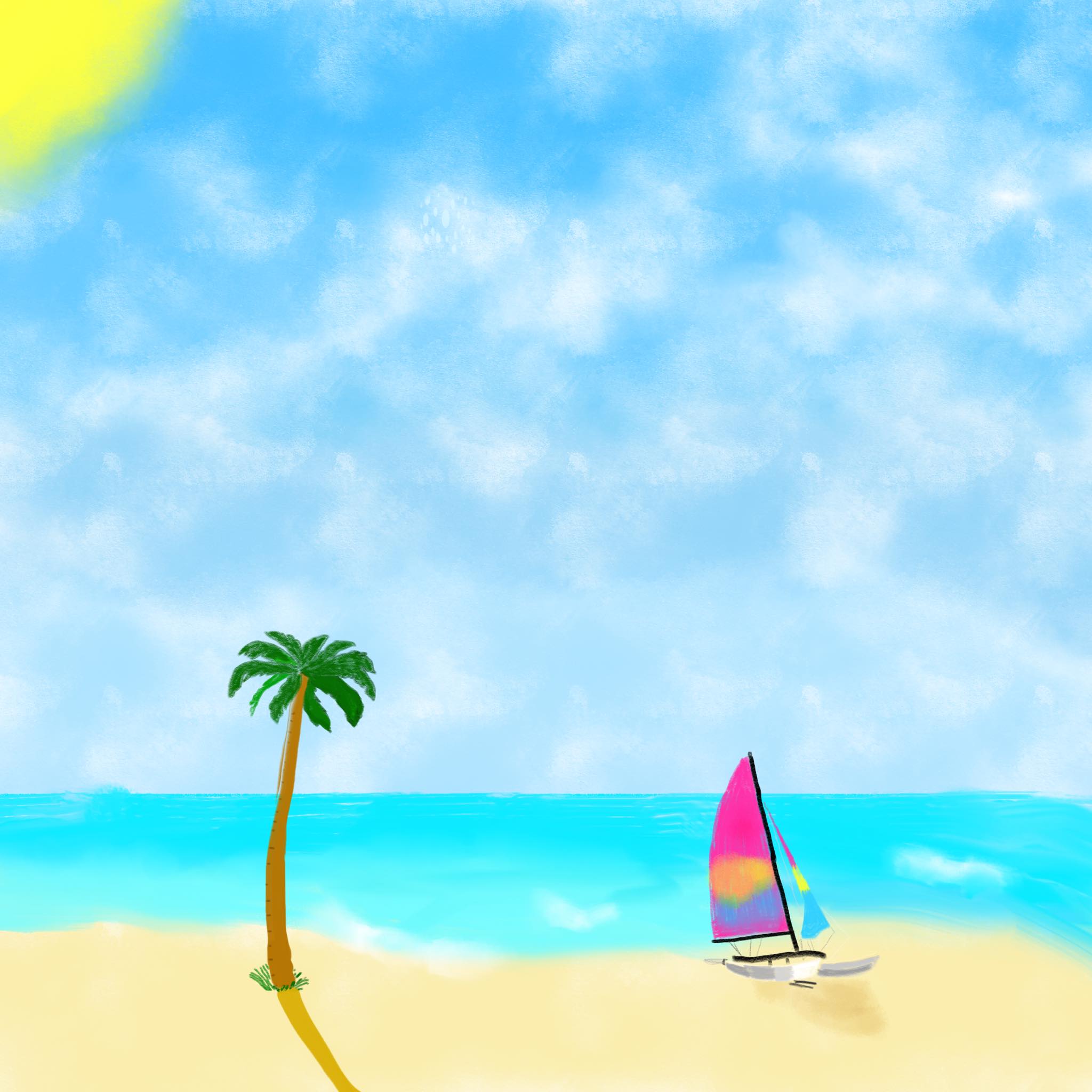 island time, sailboat and palm tree under a hot sun