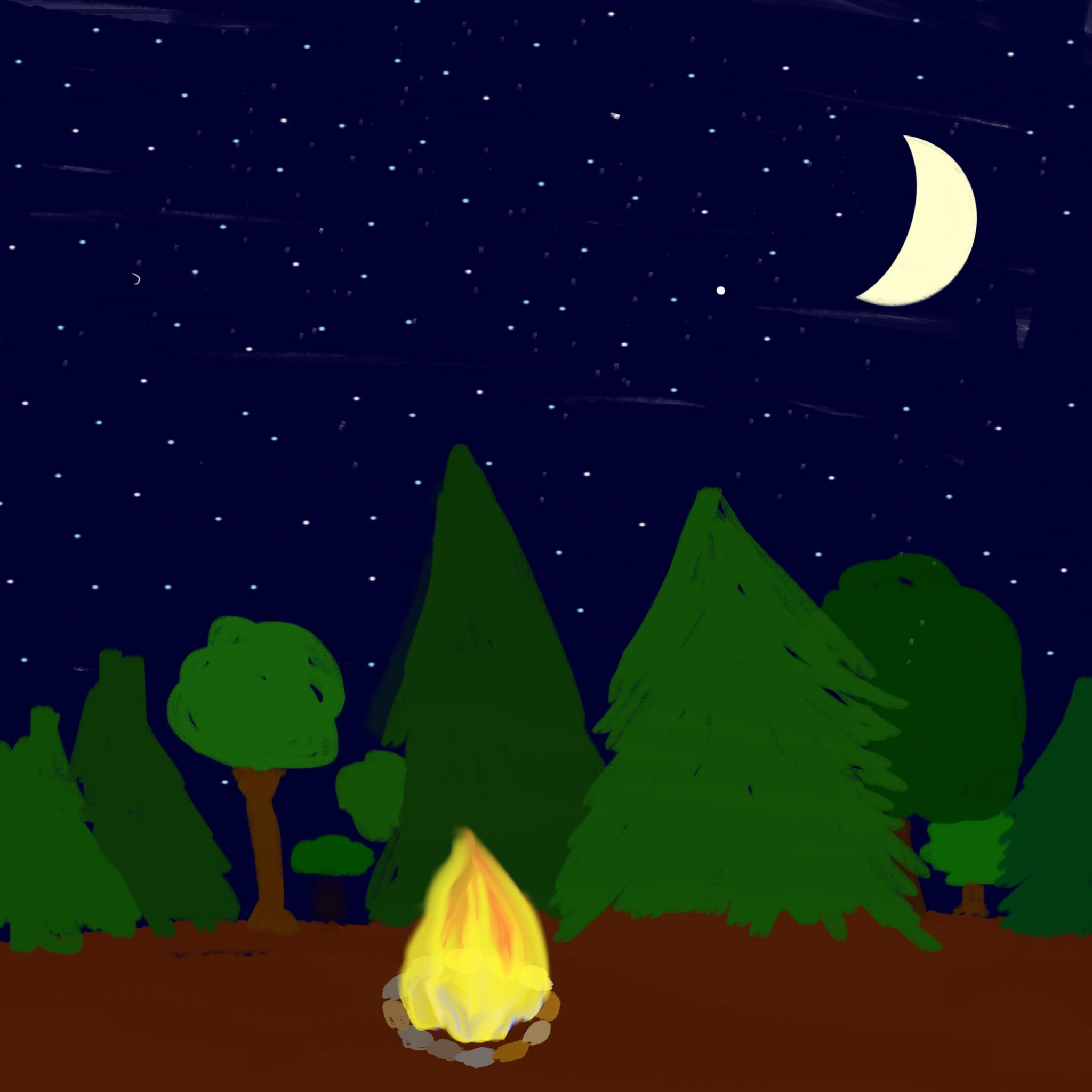 midnight bonfire under a screscent moon with pine trees