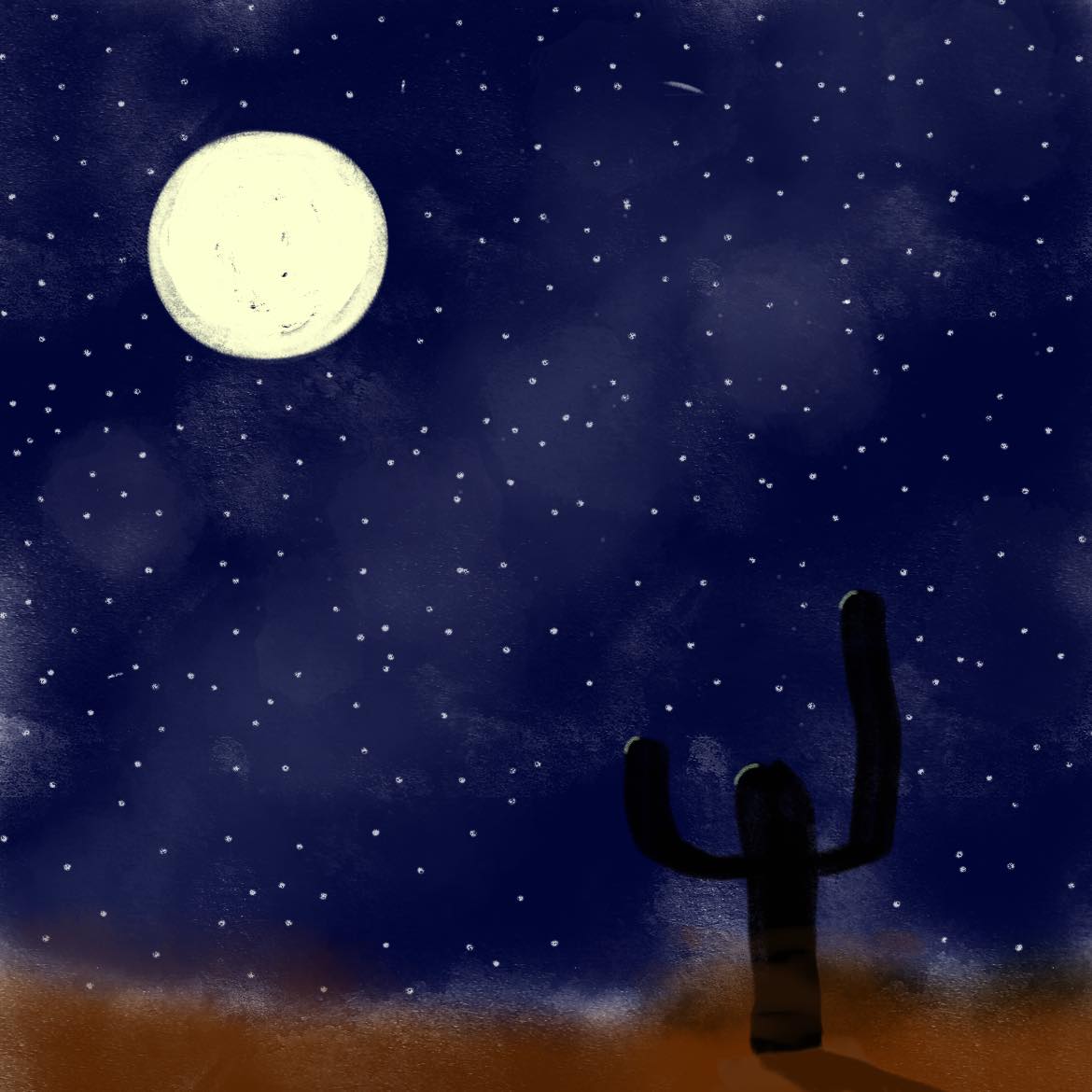midnight in the desert with full moon and cactus
