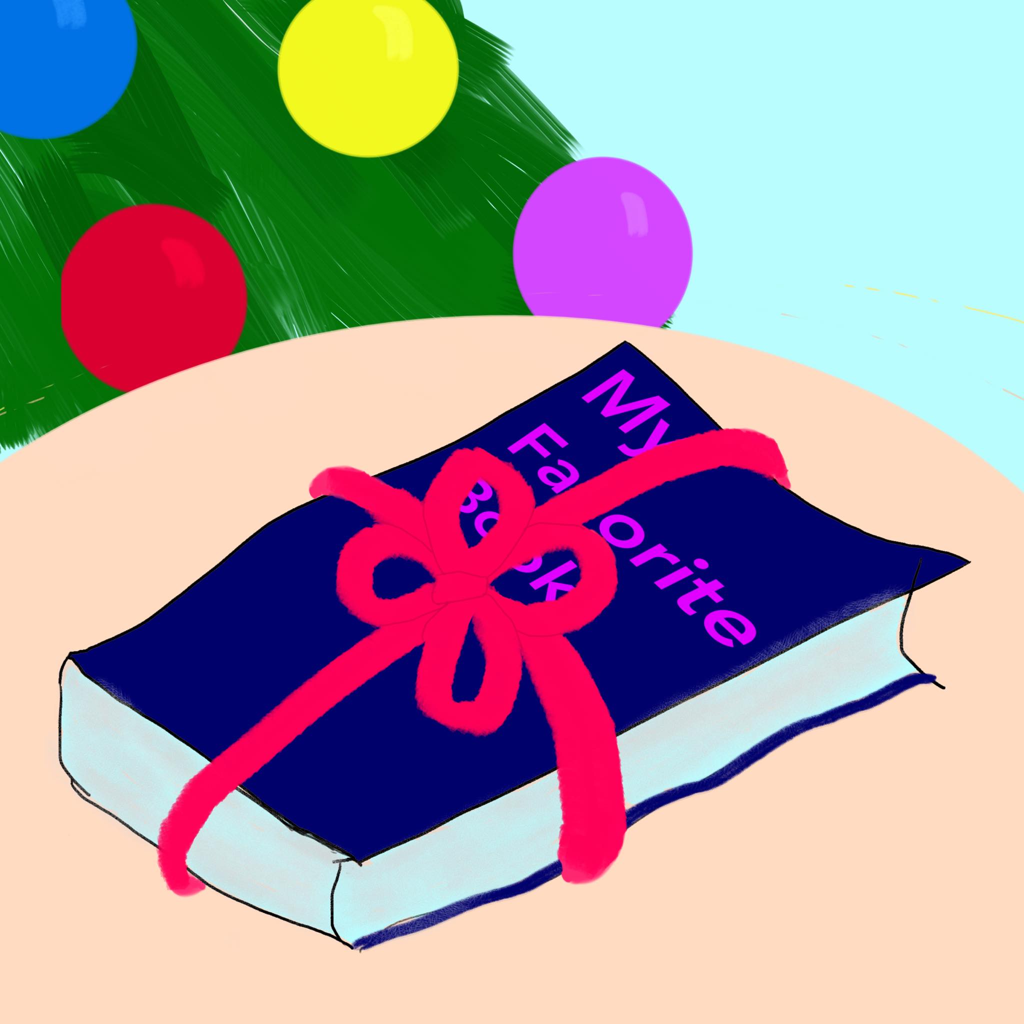 christmas present with tree and book