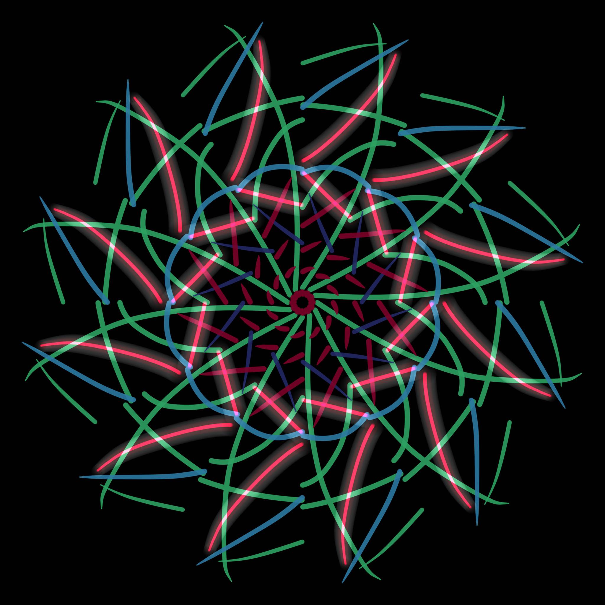 spirograph like with pinks, greens, and light blue