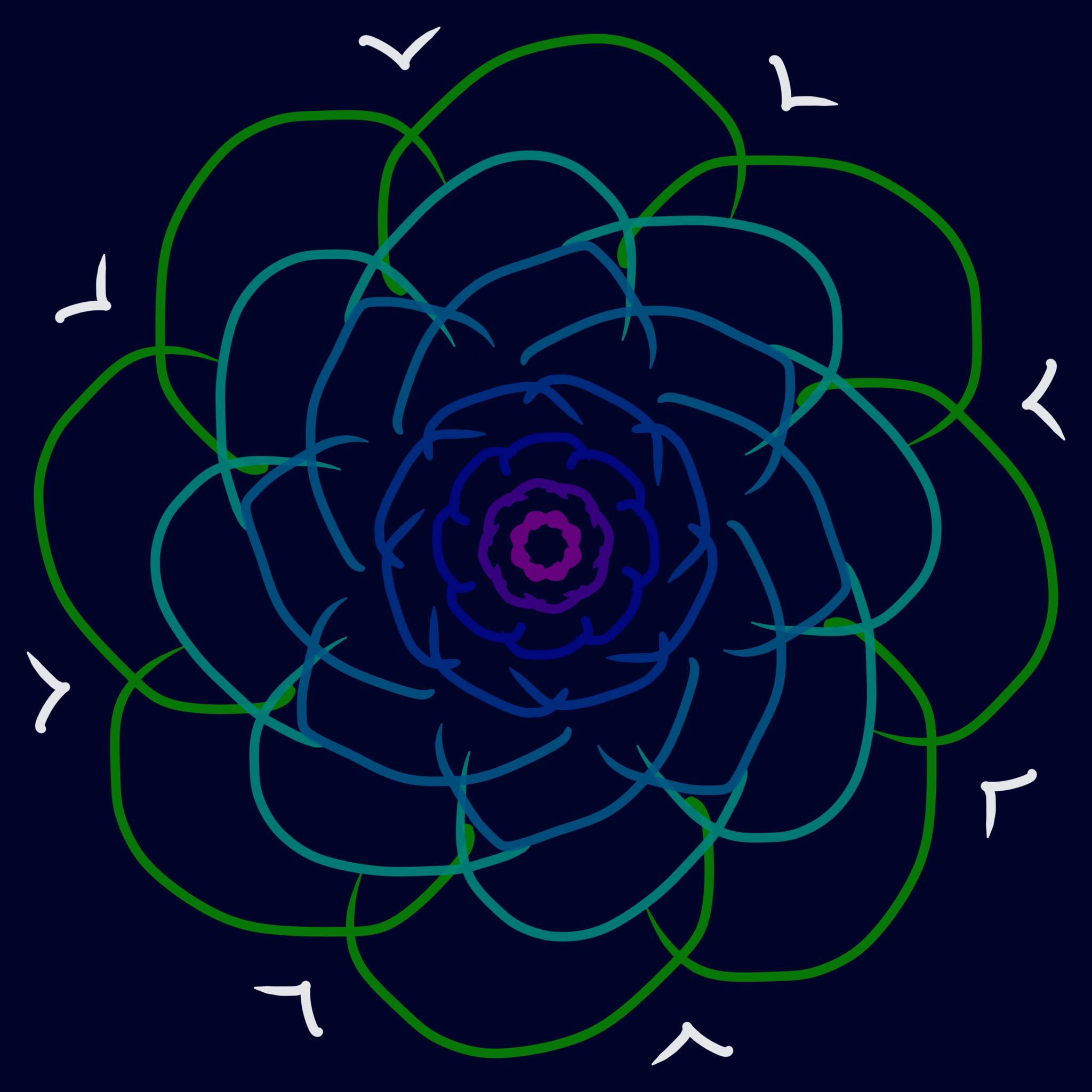 green and blue floral spiral on black background