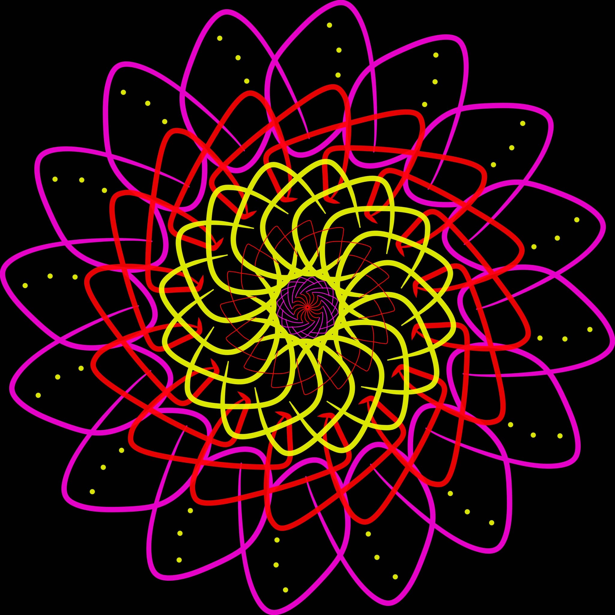 yellow, red, and purple spirograph with three dots