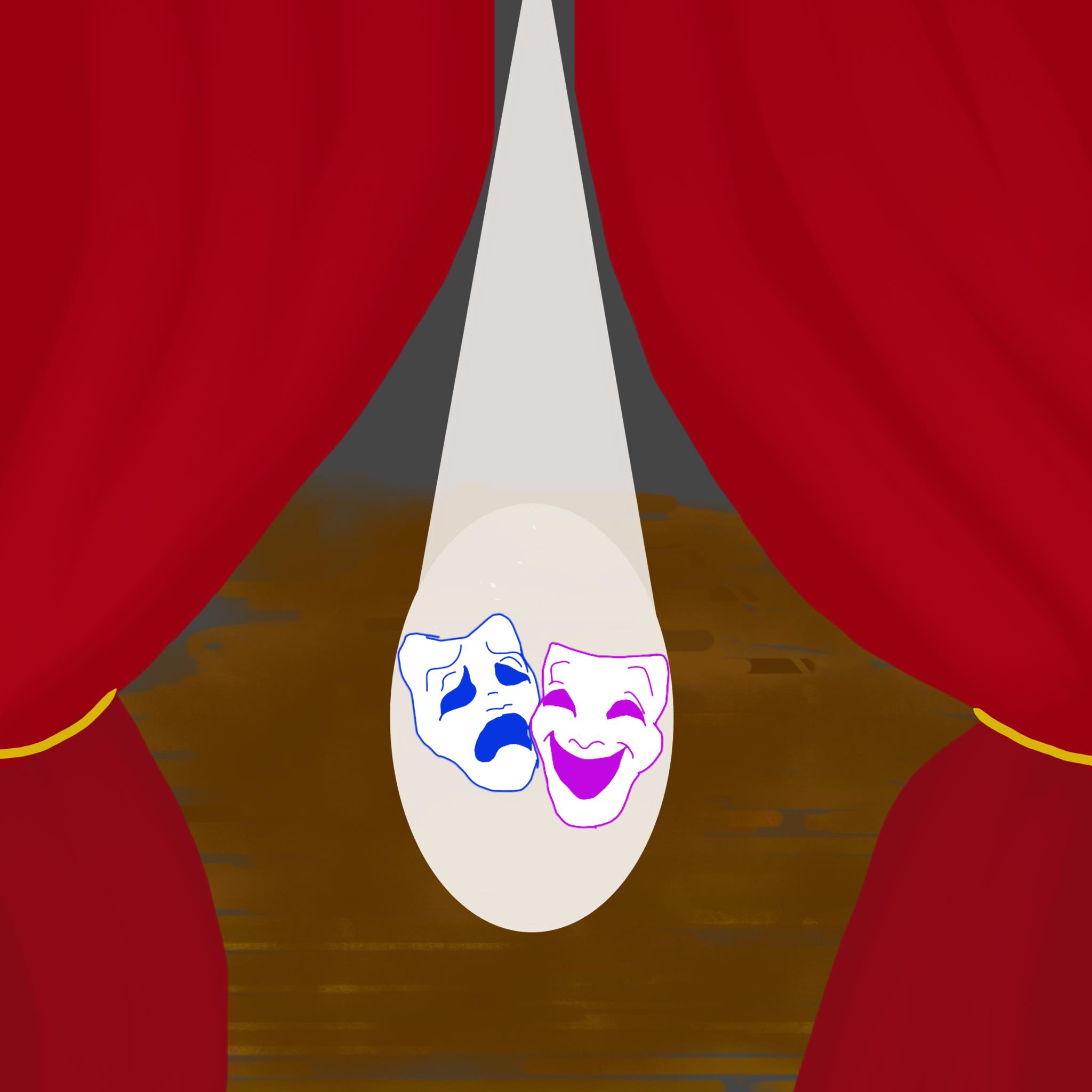 tragedy and comedy masks on  a stage with red curtains
