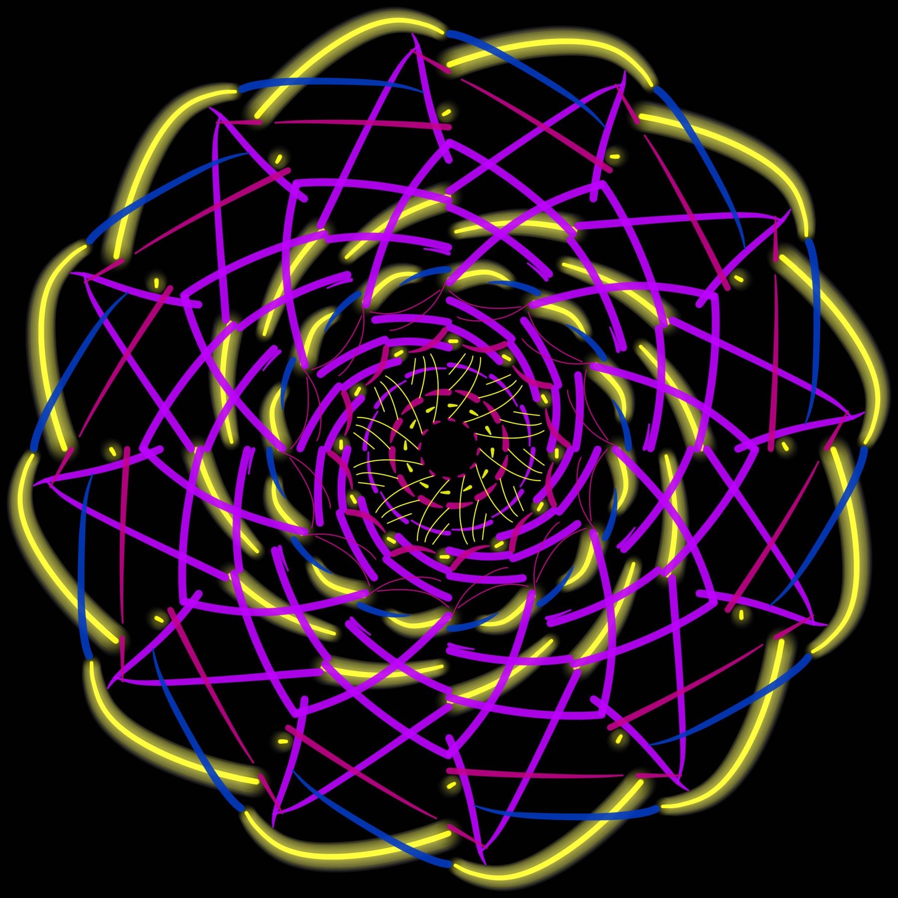 yellow purple and blue spirograph
